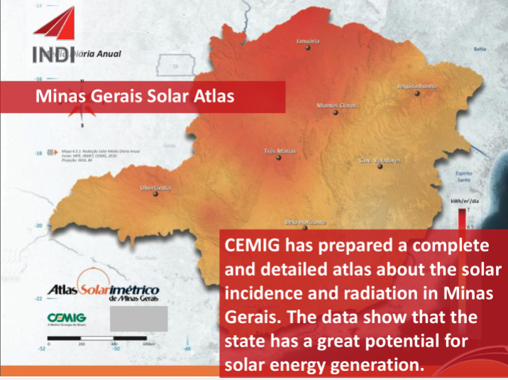 Mapa solarimétrico de Minas Gerais. Imagem: Instituto de Desenvolvimento Integrado (INDI)