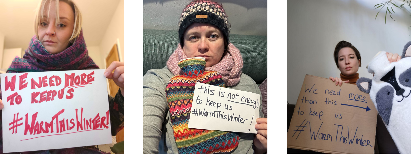 three pictures of people holding hot water bottles and signs
