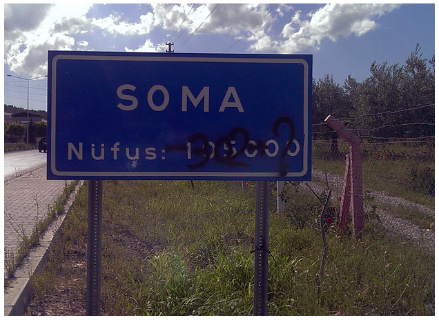 Photo by Cansın Leylim Ilgaz. “SOMA Population 105000” Above which, “-302?” has been graffitied.