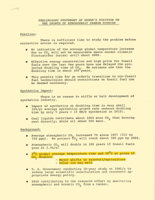 Scan of 1981 Exxon internal memo acknowledging the role of CO2 emissions in climate change.