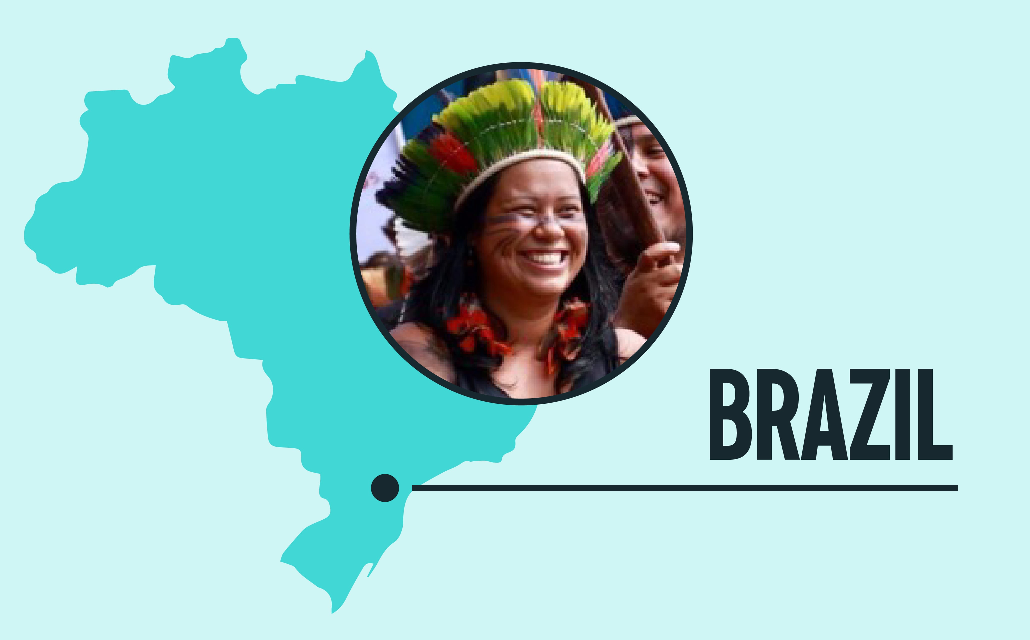map pointing to Brazil and an image of climate activist, Andreia Takua