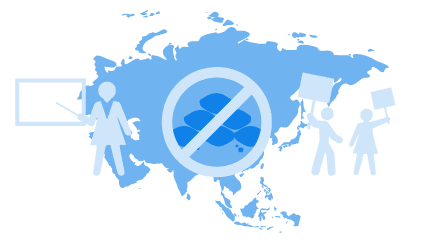 map of asia with teacher, no-coal, and protestor icons