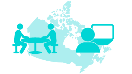 graphic of a debate and a person looking at a computer over a map of canada