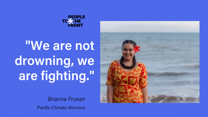 Brianna Fruean stands by the water with a quote: "We are not drowning, we are fighting."