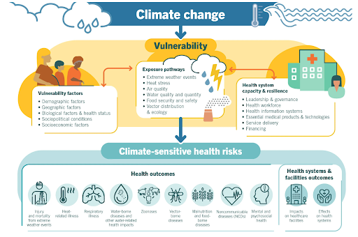 Graphics image with texts listing climate change vulnerabilities and climate sensitive health risks