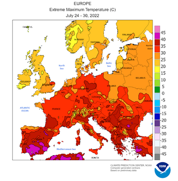 Map showing extreme maximum temperature from July 24- 30, 2022