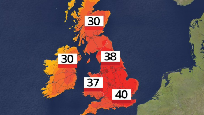weather map of the UK showing high temperatures across the country