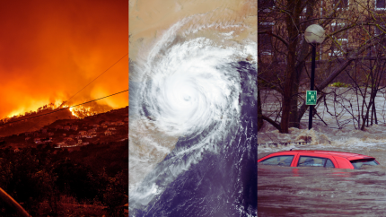 trio of pictures depicting a wildfire, a storm and a red car in floods, all bieng examples of climate impacts