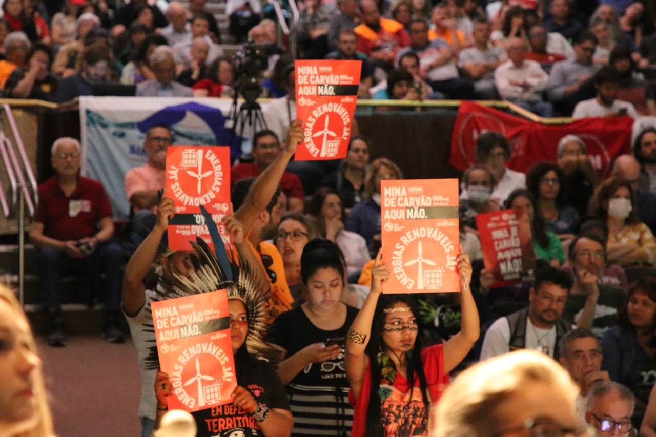 Activists protest against the Guaíba coal mine during a public hearing, Porto Alegre, Brazil.