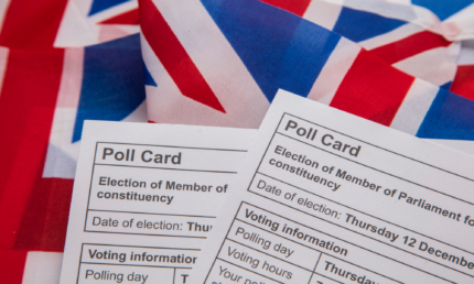 Election voting poll papers on top of UK flags