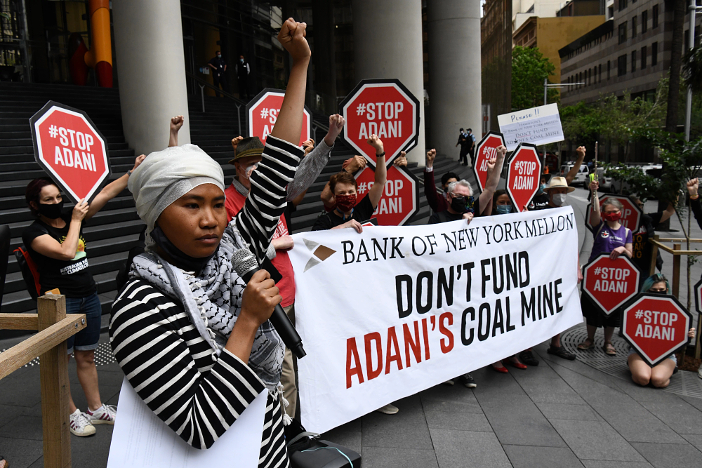 People organize Stop Adani action against Bank of New York Mellon, Sydney, Australia. Photo: Dean Sewell