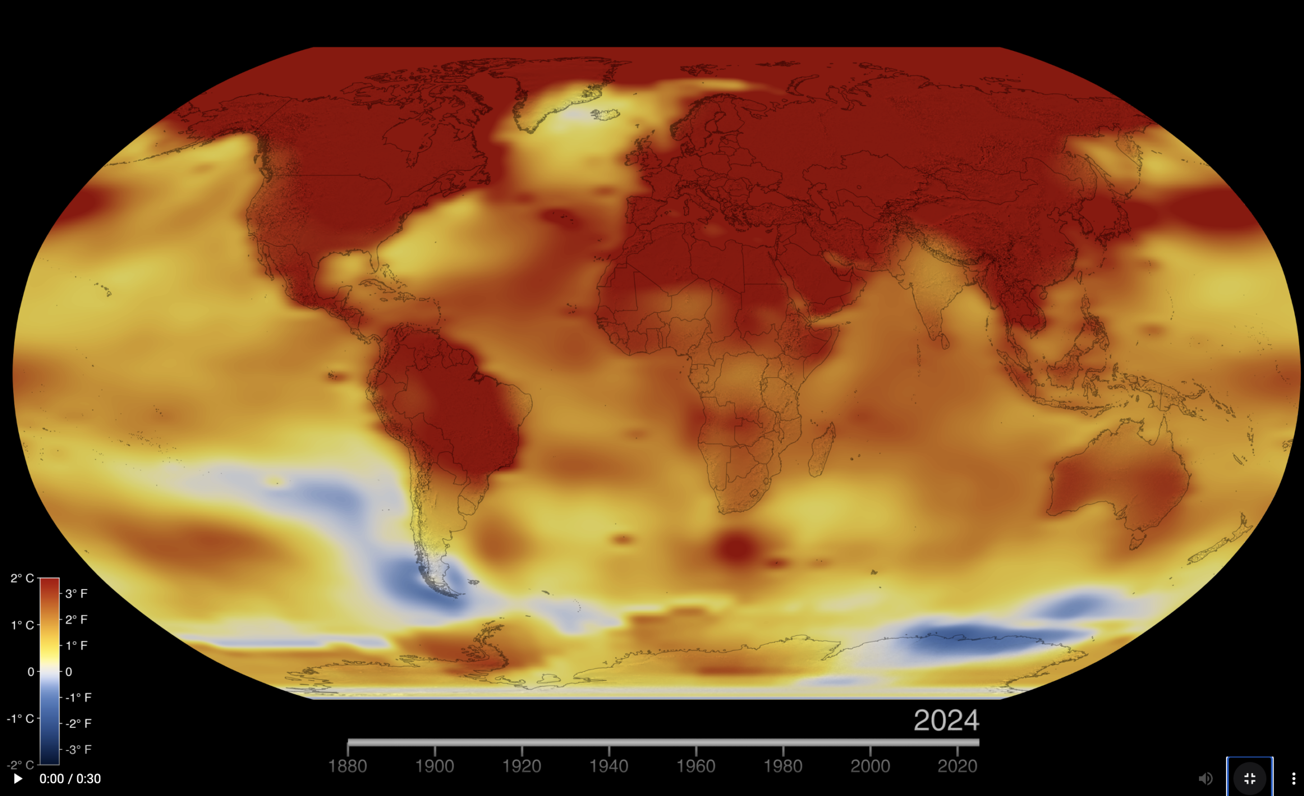 Monthly global average temperature relative to pre-industrial average