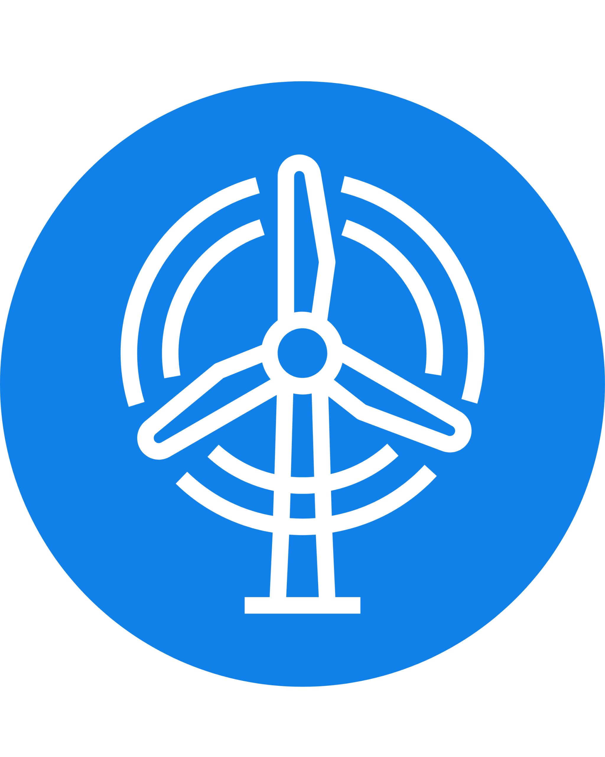 Pictograph of 'start' symbol and figure lifting solar panels and wind turbines